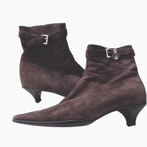 Y2K Vintage PRADA Kitten Heel Suede Boots 37 6.5 Square Toe Brown 2000's Buckle - Picture 14 of 14